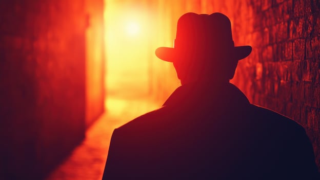 Mysterious figure in a hat standing in a dimly lit alley, evoking intrigue and suspense. photo