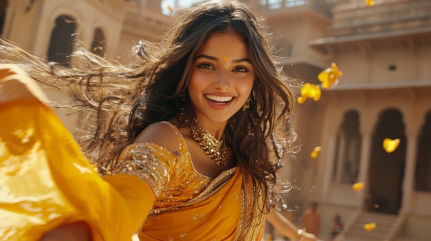 South Asian girl spins joyfully lively festival wearing colorful sari. Vibrant decorations surround her while butterflies dance in midday sun capturing festive spirit photo
