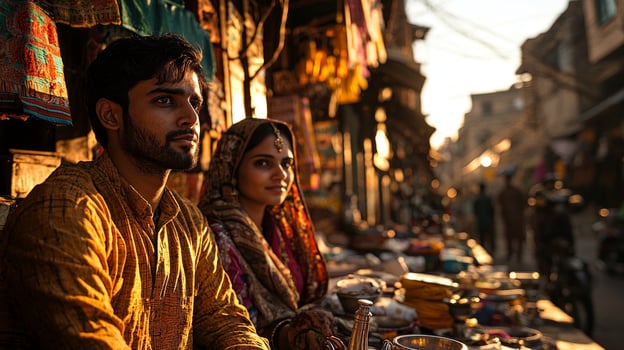 young Indian couple poses together in vibrant street market surrounded colorful stalls and fabrics showcasing cultural richness and love bright midday sunlight photo