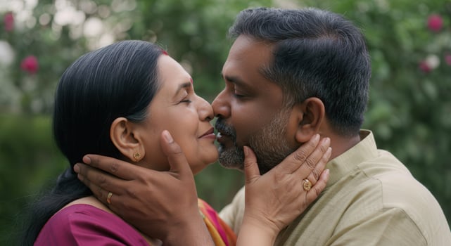 Romantic moment between mature south asian couple in garden setting photo