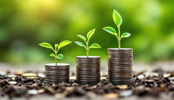 Three stacks of coins with green plants growing on them photo