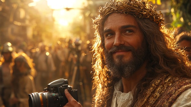 In serene outdoor setting Jesus Christ skillfully uses camera capture stunning sunset. He is accompanied tripods and lenses immersed in creative photography amidst nature photo