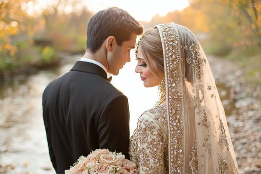 South Asian couple stands together riverbank dressed in traditional attire during sunrise. They are gazing into distance embracing serene moment filled cultural richness photo