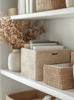 Organizing decor with woven baskets and dried flowers on shelves in a bright room photo