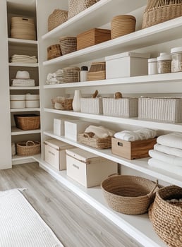 Organized home storage with baskets and neatly folded linens in a modern interior photo