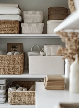 Organizing a modern storage shelf with woven baskets and neutral decor photo