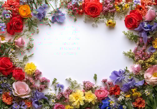 Floral arrangement with vibrant roses and wildflowers creating a colorful border on a blank surface photo