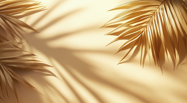 Warm sunlight casting shadows through palm leaves on a soft background photo