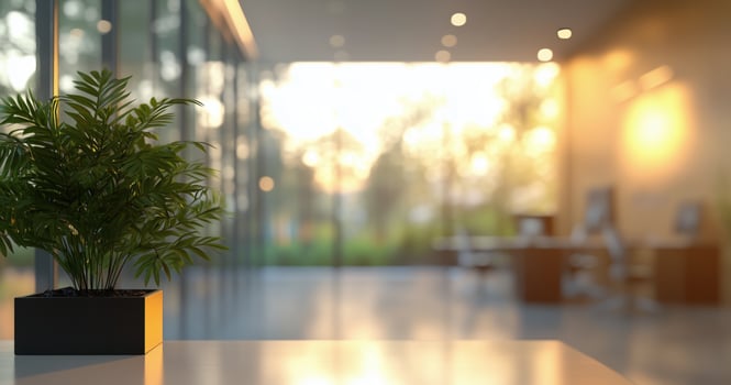 Indoor office space with plant in foreground and warm sunset light illuminating the background photo