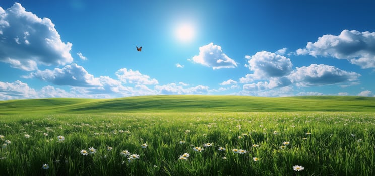 Beautiful green field under a bright blue sky with clouds and a butterfly flying in the distance photo