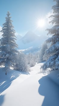 Winter landscape with snow-covered trees under bright sun photo