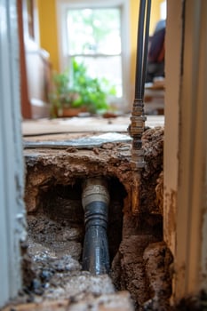Leak pipe visible in damaged flooring of residential room photo