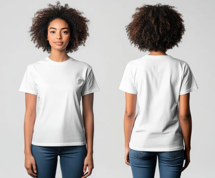 Model showcases blank white t-shirt from front and back views photo