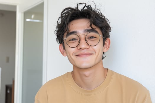 Young asian man with glasses smiling indoors in casual tan sweater photo