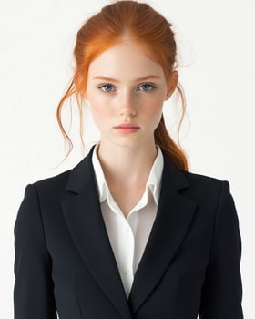A young woman stands confidently in a business suit, showcasing her striking red hair and focused demeanor photo