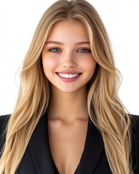 A young woman with long blonde hair smiles confidently, showcasing her bright blue eyes and a black outfit photo