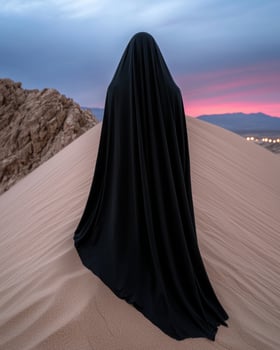 Mysterious figure in black robe stands on sand dune at sunset photo