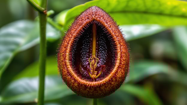 Close up of a unique orange flower with dark interior photo