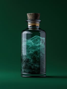 Glass bottle with green liquid and cork stopper photo