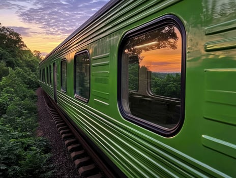 Sunset train journey through lush green forest photo