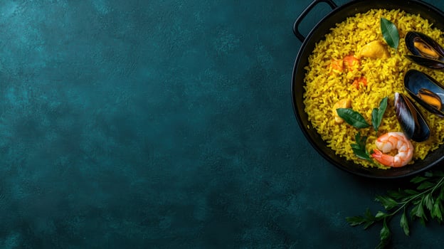 Delicious seafood paella in a black pan photo
