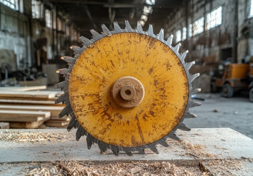 Close up of a large industrial circular saw blade in a wood workshop photo