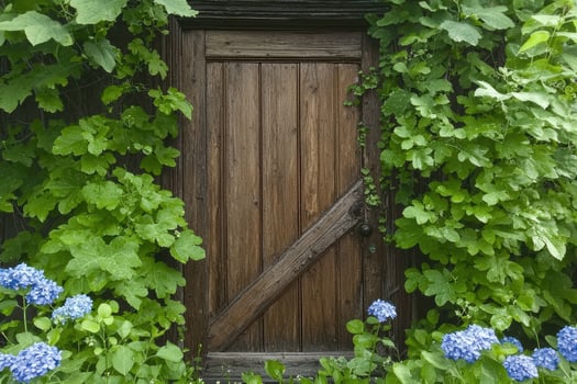 Overgrown wooden door covered in lush green foliage photo