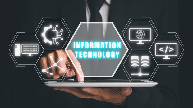 Information technology concept, Businessman using tablet with information technology icon on virtual screen. photo