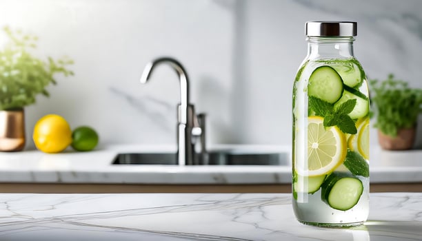 close up bottle of lemon and cucumber, in modern kitchen photo