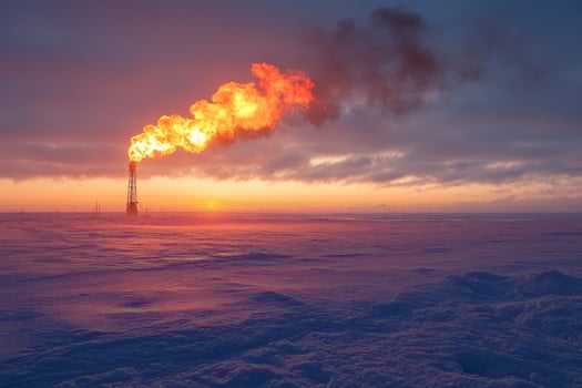 Gas flaring from industrial chimney at sunset in snowy landscape photo
