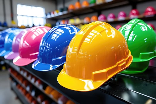 Colorful hard hats protecting construction workers ensuring workplace safety. photo