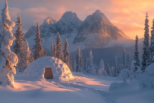 Igloo standing in snowy mountains during sunset in winter wonderland photo