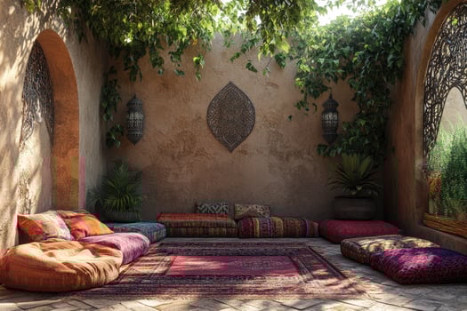 Cozy moroccan-inspired outdoor seating area with cushions photo