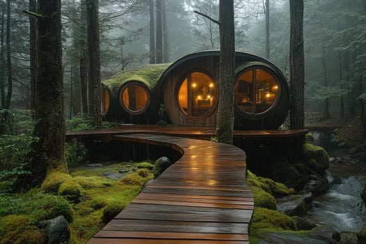 Wooden path leading to cozy cabin in the rainforest during a misty morning. photo
