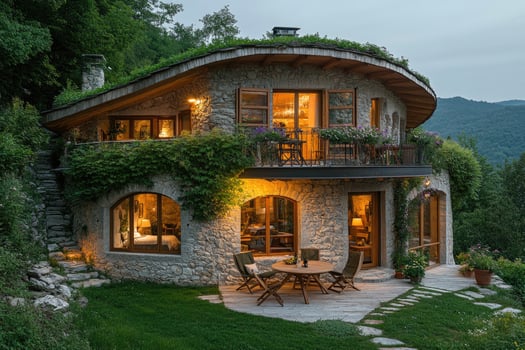Stone villa overlooking scenic mountain valley at sunset. photo