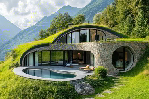 Modern sustainable house blending with nature in the italian alps. photo
