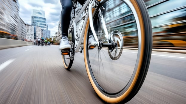 A person riding a bicycle on a city street photo