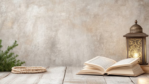 Open book with lantern and prayer beads on wooden table photo