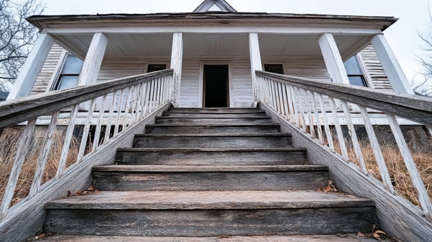 An old house with stairs leading to the front door photo
