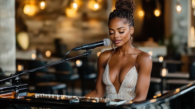 A woman in a white dress playing the piano photo