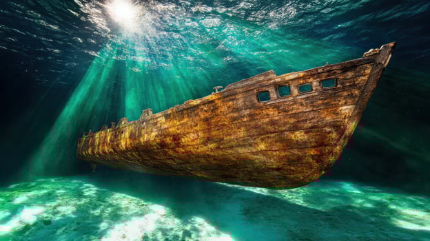 An old wooden ship is underwater in the ocean photo