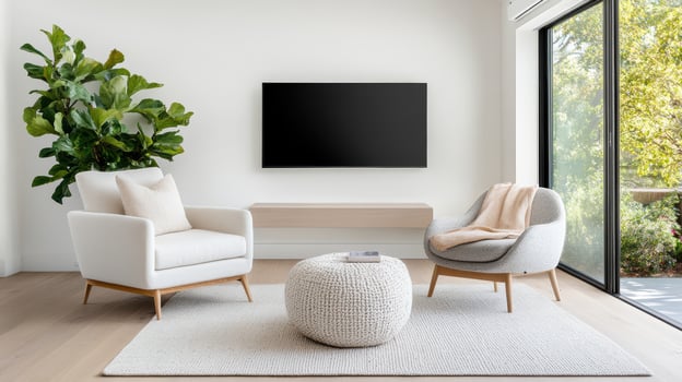 A modern living room with white furniture and a tv photo