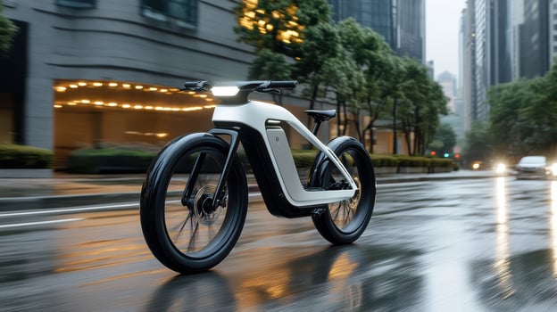 A white electric bike on a wet street photo