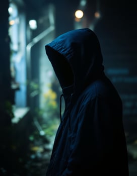 A man in a hoodie stands in the dark photo
