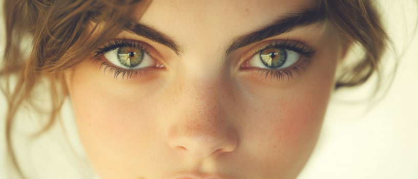 Close-up portrait, woman's green eyes, soft light, beauty photo