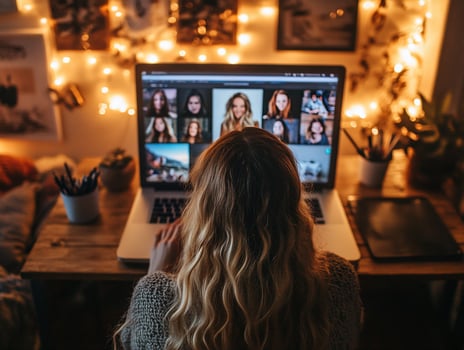 Woman edits photos on laptop, cozy room
