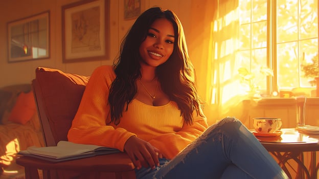 Woman smiles, autumn sun, cozy home, relaxing photo