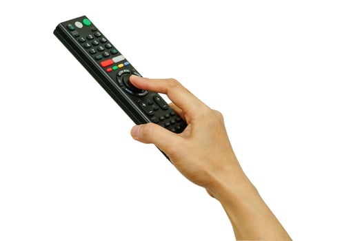 Asian woman use finger of left hand to press button on television remote control isolated on white photo