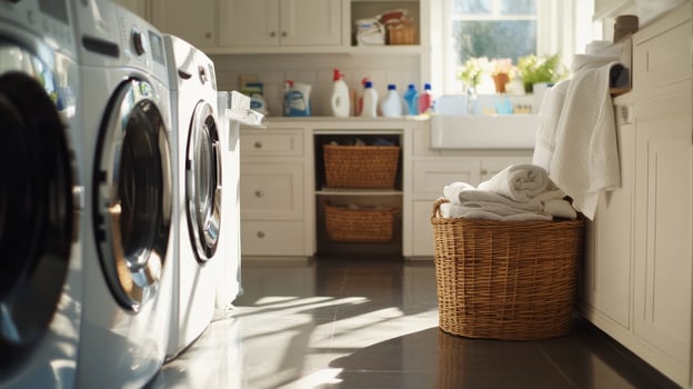 Bright and organized laundry room showcasing modern appliances and a cozy atmosphere for efficient cleaning tasks photo