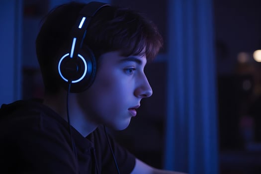 A teenager gaming intensely, wearing headphones with a glowing mic photo